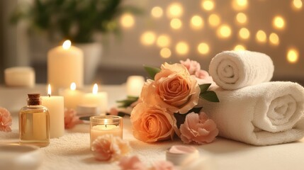 Relaxing spa setting with candles and pink roses for tranquil ambiance