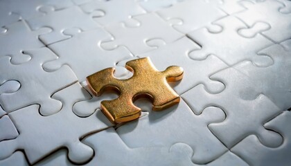 수많은 흰색 퍼즐 조각들로 이루어진 테이블 위에 하나의 금빛 퍼즐 조각이 중앙에 놓여 강렬하게 빛나는 장면