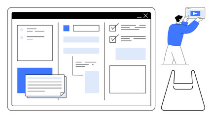 Tablet screen with UI layout, man adjusting elements in blue shirt, checkbox lists, windows, notes. Ideal for UIUX design, digital organization, productivity, project management task tracking