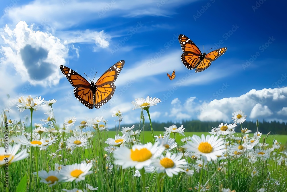 Poster a wildflower meadow in full bloom with butterflies hovering above
