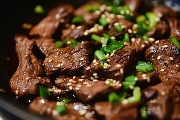 Korean BBQ beef Bulgogi topped with sesame seeds and scallions