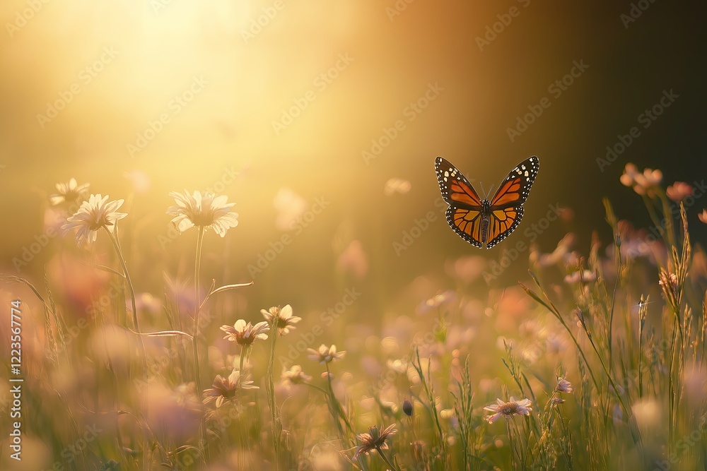 Poster a wildflower meadow in full bloom with butterflies hovering above