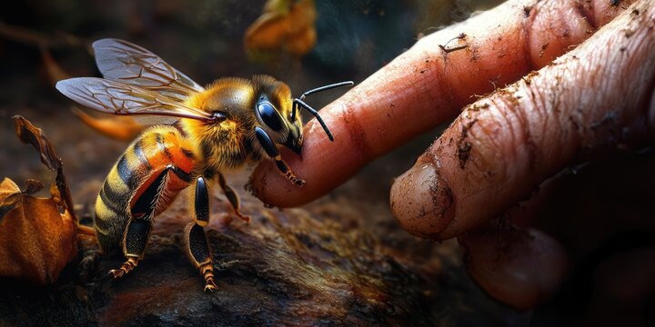 Close-Up of a Honey Bee Sting on Human Finger: Exploring Venom and Skin Interaction