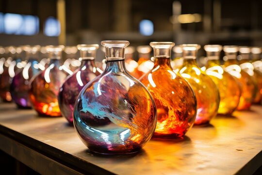 Multicolored glass bottles cooling on a wooden table in a glassblowing workshop, showcasing craftsmanship and vibrant colors - Powered by Adobe