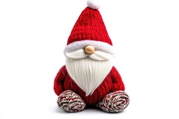 Festive Gnome on Bright White Backdrop: A Cheerful Character in Santa Hat for Holiday Spirit