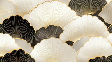 Elegant gold-rimmed fans, black-white pattern, seamless design, website background