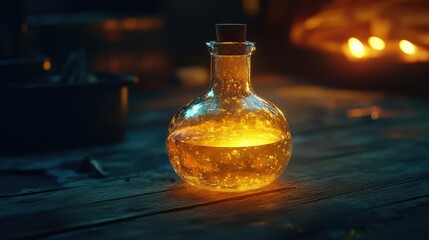 Glowing potion bottle on wooden table with warm candlelight in a dark room