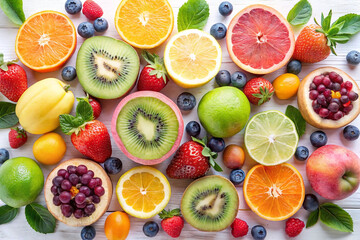 Colorful assortment of fresh fruits on white wood.