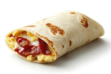 Savory Breakfast Wrap with Fluffy Eggs, Crispy Bacon, and Tangy Ketchup Wrapped in Soft Tortilla