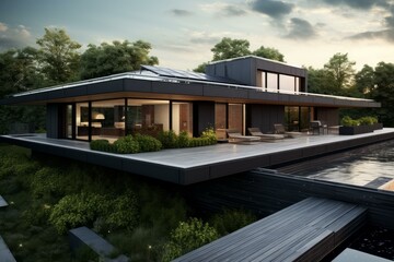Fototapeta premium Luxurious and eco friendly black modern house featuring solar panels, a spacious terrace, and an infinity pool, nestled within a lush green garden during sunset