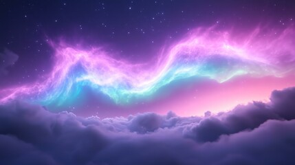 Fototapeta premium Dreamy night sky with colorful aurora borealis and starry clouds landscape
