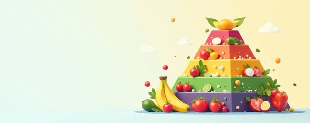 Fototapeta premium Colorful flat icon food pyramid, showing daily recommended food intake, food pyramid icons, dairy, wellness