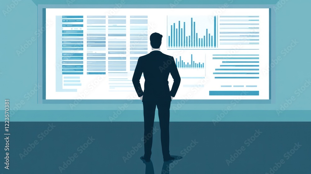 Poster businessman reviewing data on large display screen