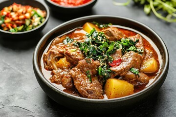 Korean dishes like pork backbone hot pot spicy bulgogi and braised pollack served with vegetables and salads for meals