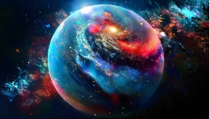 Obraz premium 암흑 공간에 떠있는 독특한 색상의 구형 행성
