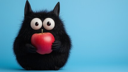 Fototapeta premium cute furry alien bat holding a fresh apple, studio background