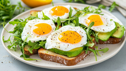 Fresh avocado toast with sunny-side-up eggs, arugula, and a sprinkle of black pepper on a white plate, perfect for healthy breakfast concepts, food blogs, and modern culinary visuals