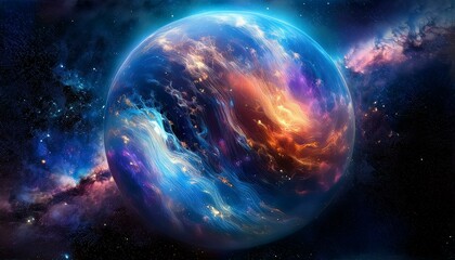 암흑 공간에 떠있는 독특한 색상의 구형 행성