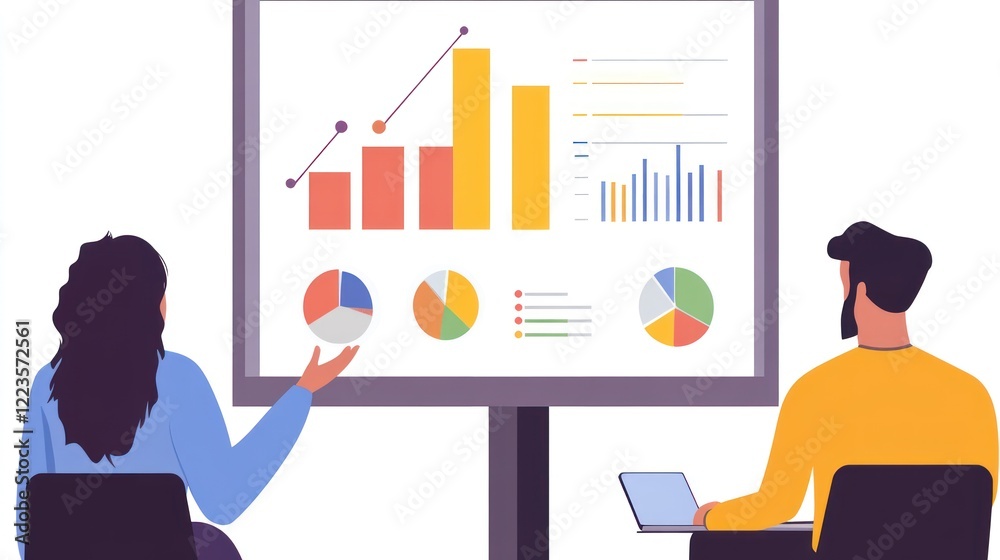 Poster businesspeople reviewing data charts and graphs on a screen
