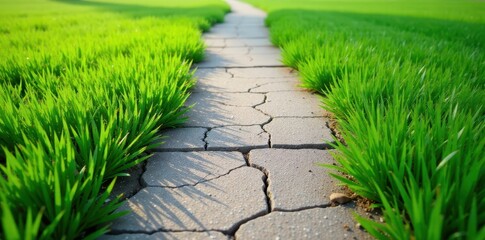 Obraz premium Cracked concrete path meets vibrant green grass , macro, seamless, concrete