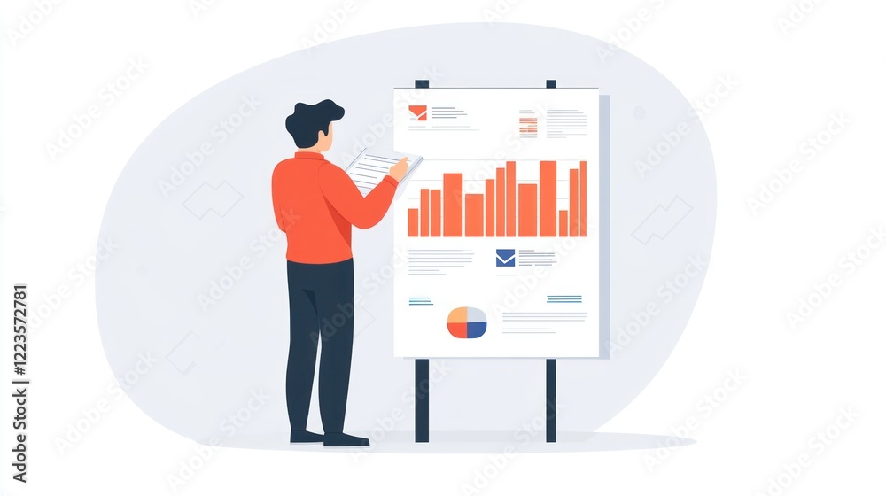 Poster Man reviewing data charts and graphs on a presentation board
