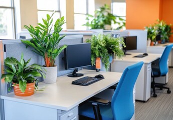 Fototapeta premium Modern Office Workspace with Lush Greenery