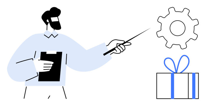 Man holding a clipboard pointing at a gear and a wrapped gift box. Ideal for business strategies, corporate training, reward systems, project management, process improvement, efficiency