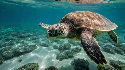 Obraz premium A close-up of a peaceful sea turtle swimming slowly through the ocean. Its textured shell has various shades of green and brown, and its large, gentle eyes give it a calm, wise look.
