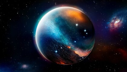 암흑 공간에 떠있는 독특한 색상의 구형 행성