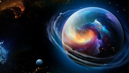 Obraz premium 암흑 공간에 떠있는 독특한 색상의 구형 행성