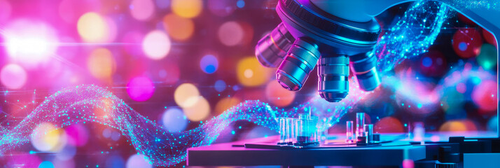 Obraz premium Microscope in vibrant neon light with sample tubes and glowing particles