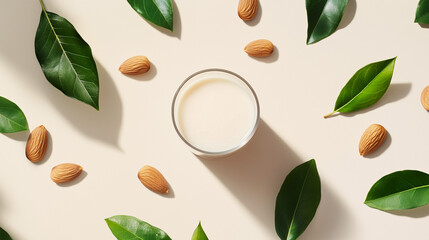 Glass of almond milk surrounded by fresh almonds and vibrant green leaves on a soft beige background, perfect for plant-based nutrition, vegan lifestyle, and eco-friendly food concepts