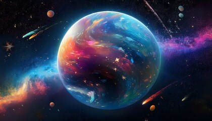 Obraz premium 암흑 공간에 떠있는 독특한 색상의 구형 행성