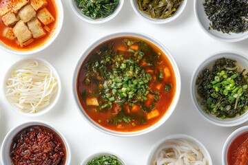 Korean street food Eomukguk a fish cake soup with spicy gochujang on a white table