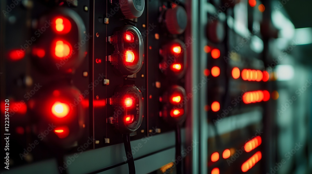 Poster Multiple red lights blinking on an electrical control panel, potentially indicating an active process or a system malfunction in a server room