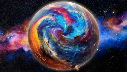 암흑 공간에 떠있는 독특한 색상의 구형 행성