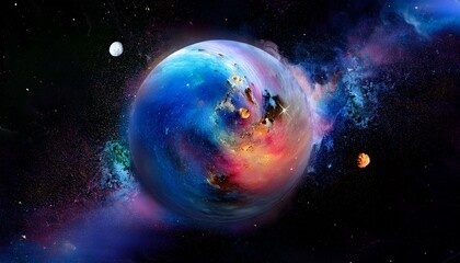 Obraz premium 암흑 공간에 떠있는 독특한 색상의 구형 행성