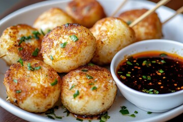 Fototapeta premium Korean street food skewers of fish cakes odeng or eomuk served with spicy sauce on a white plate with space for text