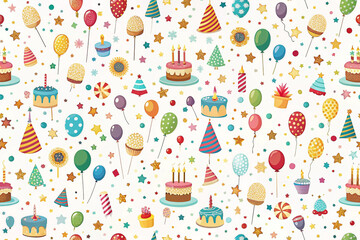 Fototapeta premium Festive birthday party seamless pattern with cakes, balloons, and confetti.