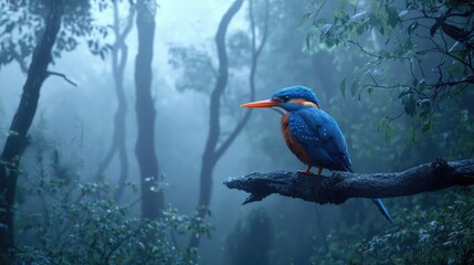 Serene Kingfisher in Misty Forest