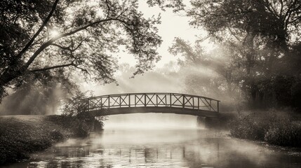Misty Morning Bridge Over Serene River Landscape
