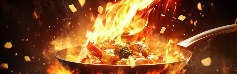 A passionate chef skillfully flambés a vibrant dish in a pan, creating impressive flames that shoot upwards, enhancing the culinary experience in a busy kitchen