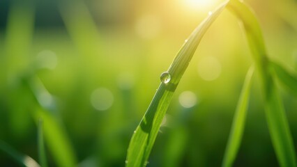 Fototapeta premium Macro photography of a dew drop on a curved grass blade at sunrise 