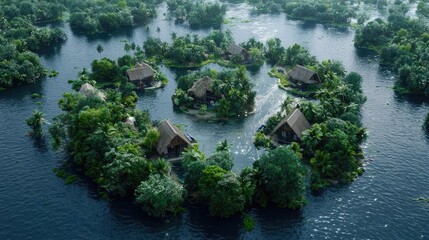 Naklejka premium Aerial view of wooden eco-lodges built on small green islands in a flooded tropical forest during daytime.