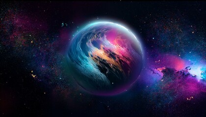 Fototapeta premium 암흑 공간에 떠있는 독특한 색상의 구형 행성