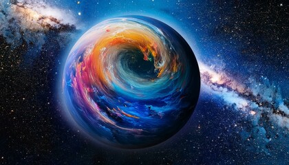 Obraz premium 암흑 공간에 떠있는 독특한 색상의 구형 행성