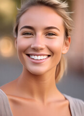 Naklejka premium Illustration - A natural, candid photo of a young adult with blond hairs standing in a relaxed pose outdoors, showing a confident yet subtle smile.