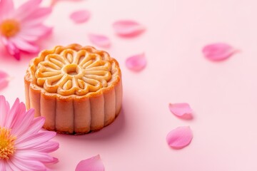 Mooncake against a light pink backdrop with a pink flower symbolizing the Mid Autumn Festival Popularly known as Kue Bulan