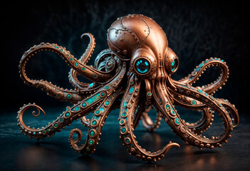 Naklejka premium metal steampunk octopus made of bronze, copper and irisdescent metal - generated by ai