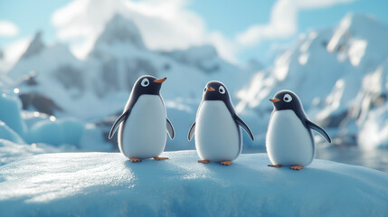 Obraz premium Three Adorable Animated Penguins Standing on Ice with Snowy Mountain Backdrop
